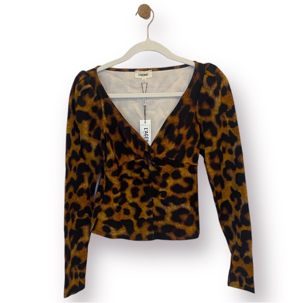 L’AGENCE Leopard Print Faux Wrap Puff-Sleeve Top